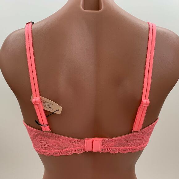 Victoria's Secret Underwire Unlined Lace Semi Demi Bra Neon Pink Size 32DD - Picture 7 of 8